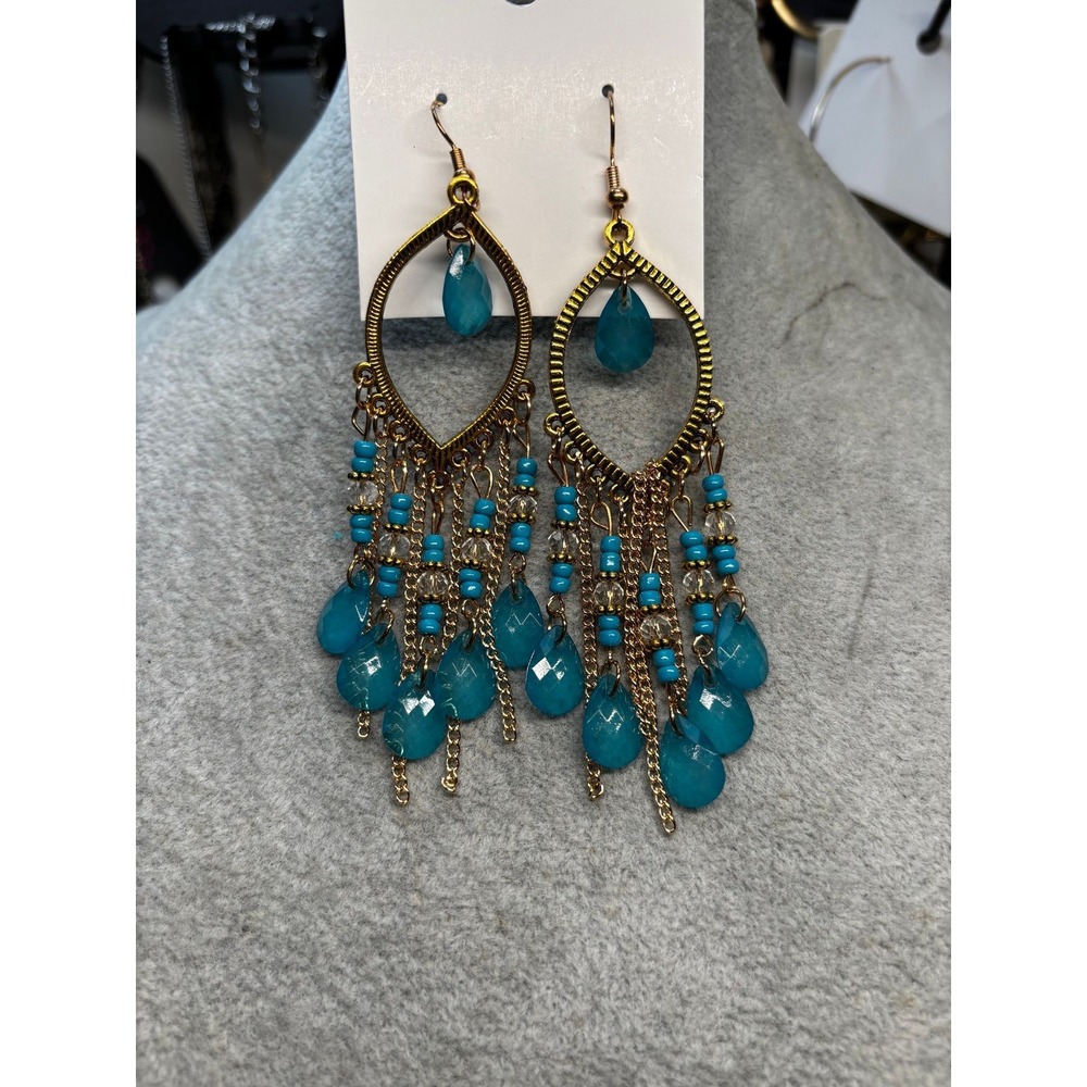 #1. Bohemian Gold & Turquoise Teardrop Chandelier Earrings